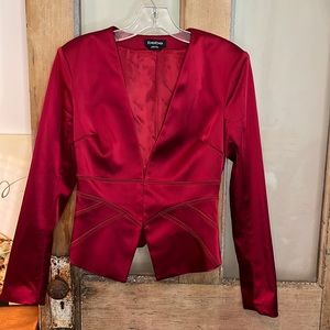 Bebe Brick Red Shiny Cropped Blazer eye hook Closure Lined Poly Bl➡️17.5”⬇️21.5”